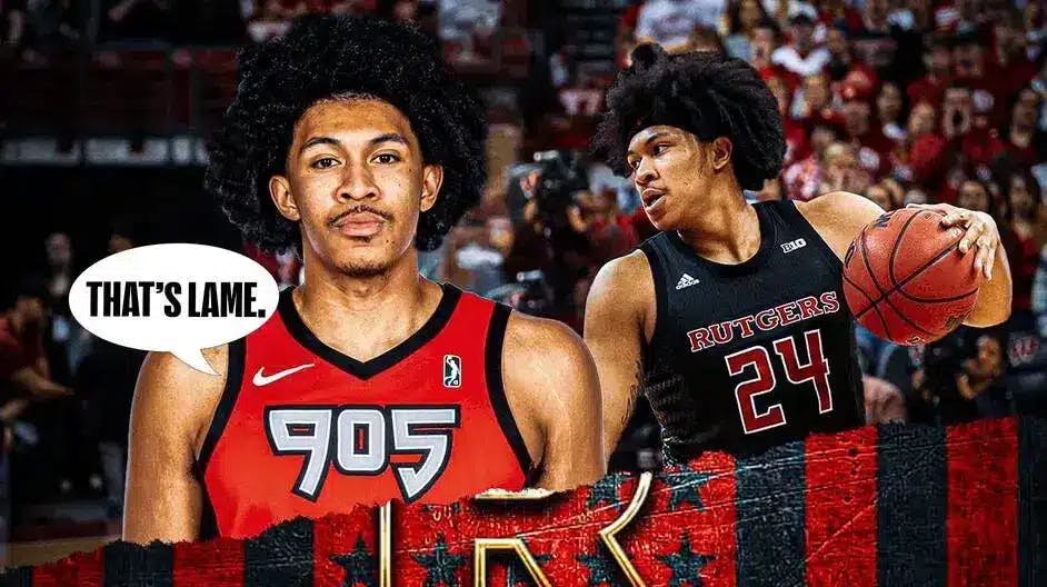 Ron Harper Jr. saying ‘that’s lame,’ also include Dylan Harper in a Rutgers jersey with the Rutgers logo in the background