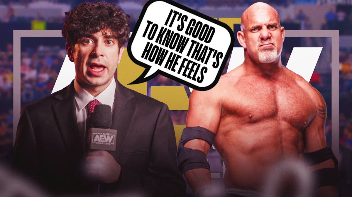 Tony Khan with a text bubble reading "It's good to know that's how he feels" next to Bill Goldberg with the AEW logo as the background.