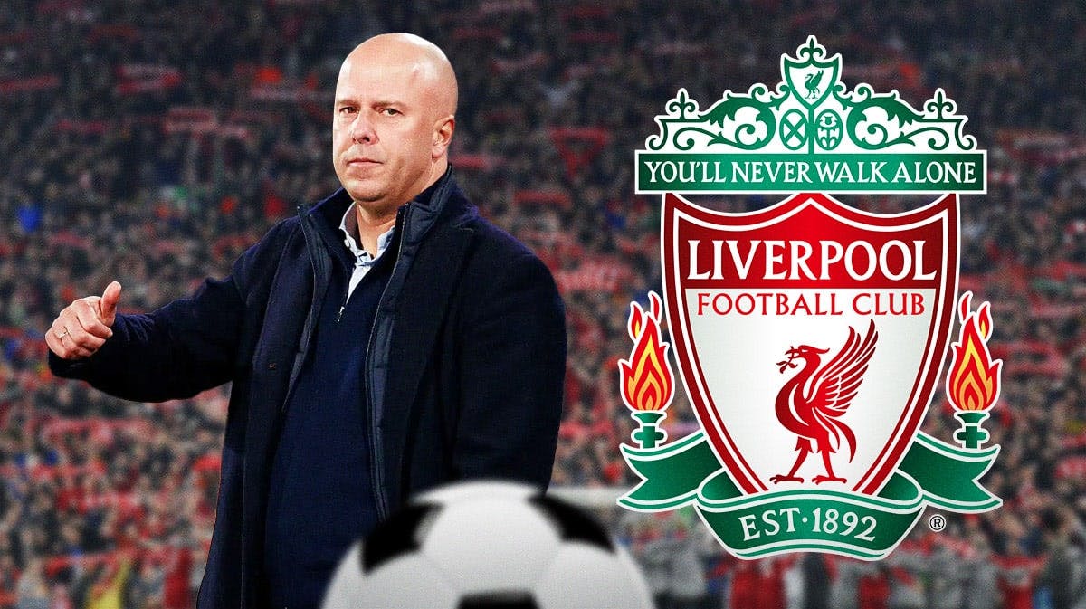 Arne Slot next to Liverpool logo