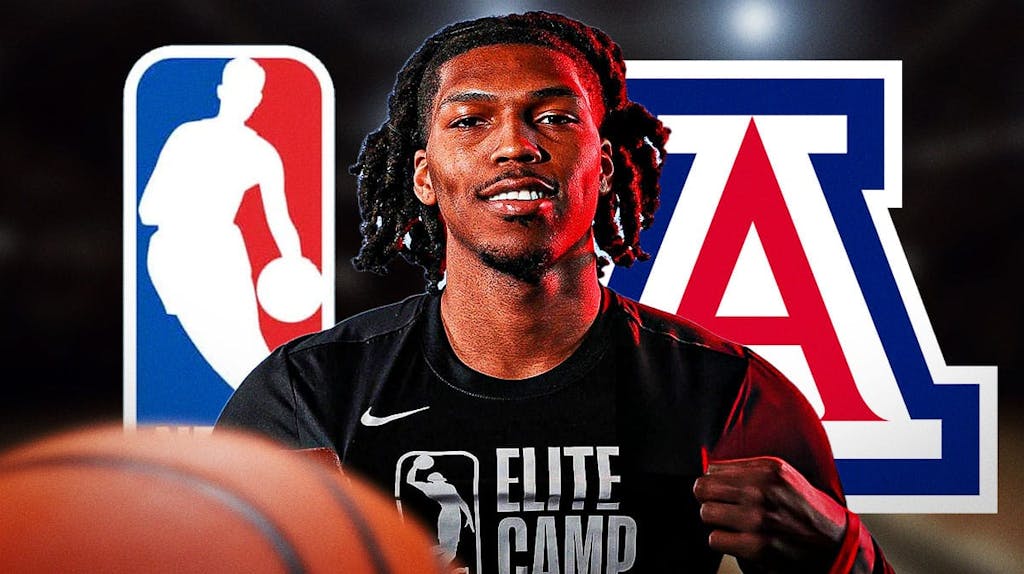 Caleb Love in the middle of the NBA logo and the University of Arizona logo