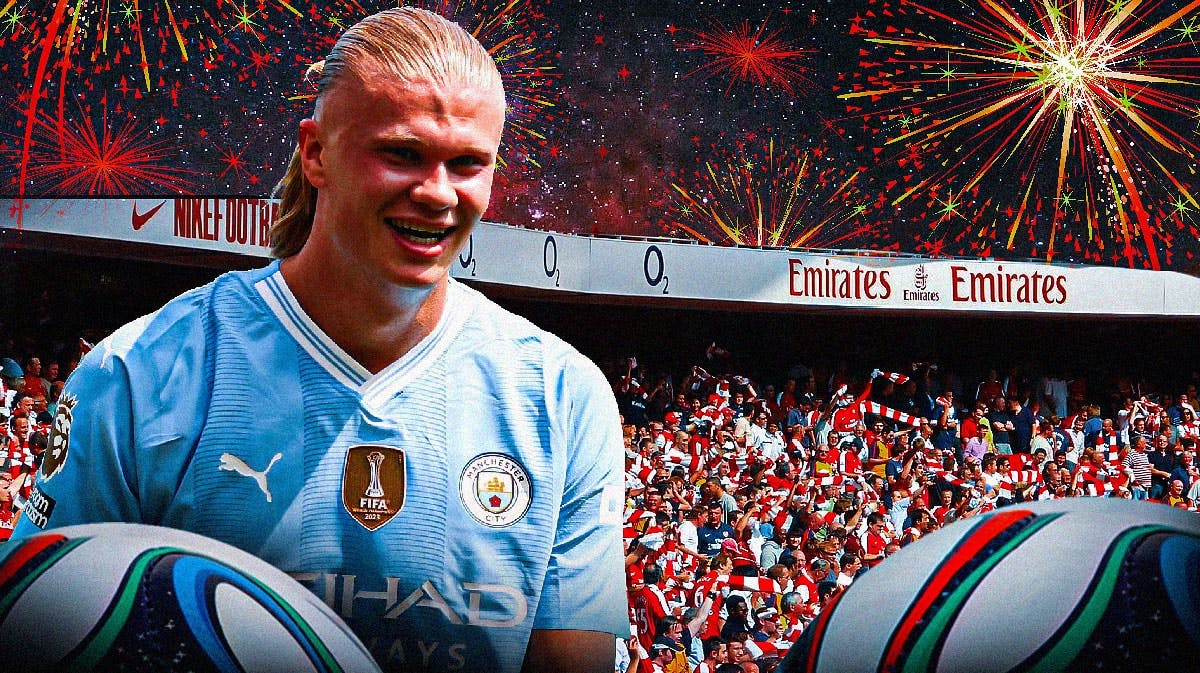 Arsenal fans with fireworks in the air, Erling Haaland, wearing a man city jersey, laughing at them on the side