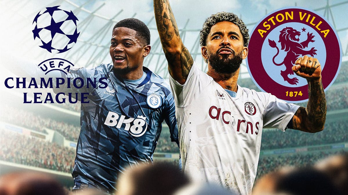 Leon Bailey and Douglas Luiz celebrating in front of the Aston Villa and Champions league logos