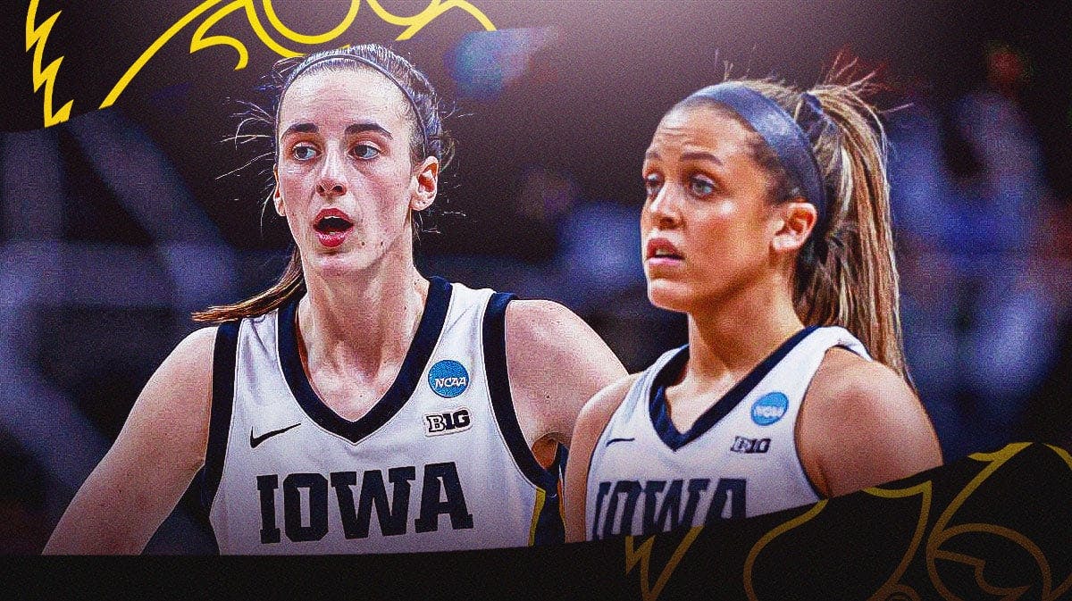 Caitlin Clark alongside Gabbie Marshall with the Iowa logo in the background, have Marshall and Clark in their Iowa jerseys, Fever