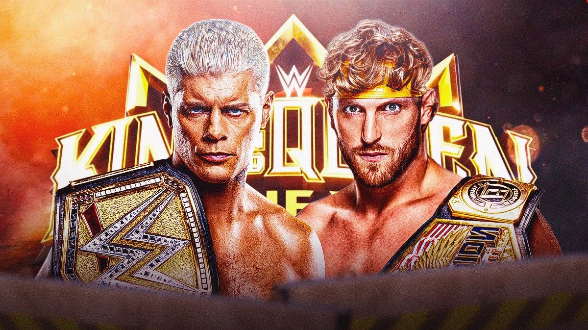 Cody Rhodes holding the Undisputed WWE Universal Championship and Logan Paul holding the United States Championship with the WWE King of the Ring logo as the background.