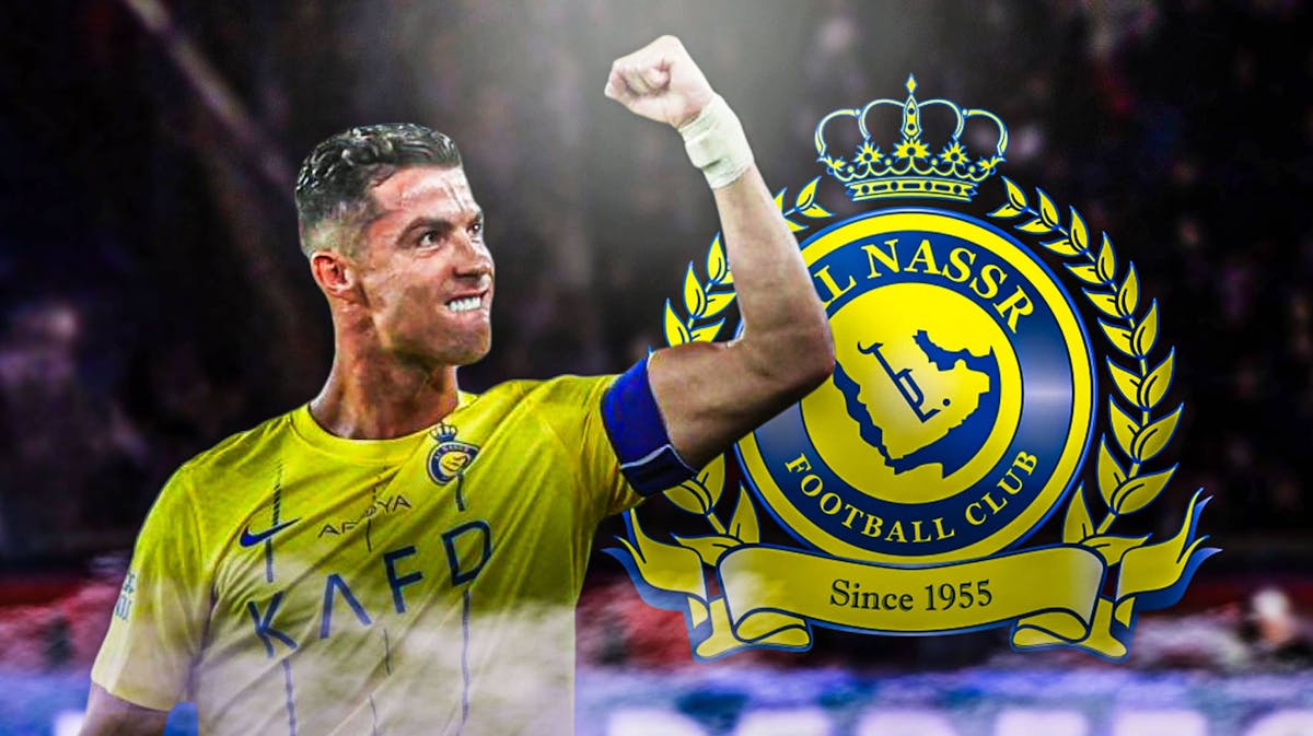 Cristiano Ronaldo celebrating in front of the Al-Nassr logo