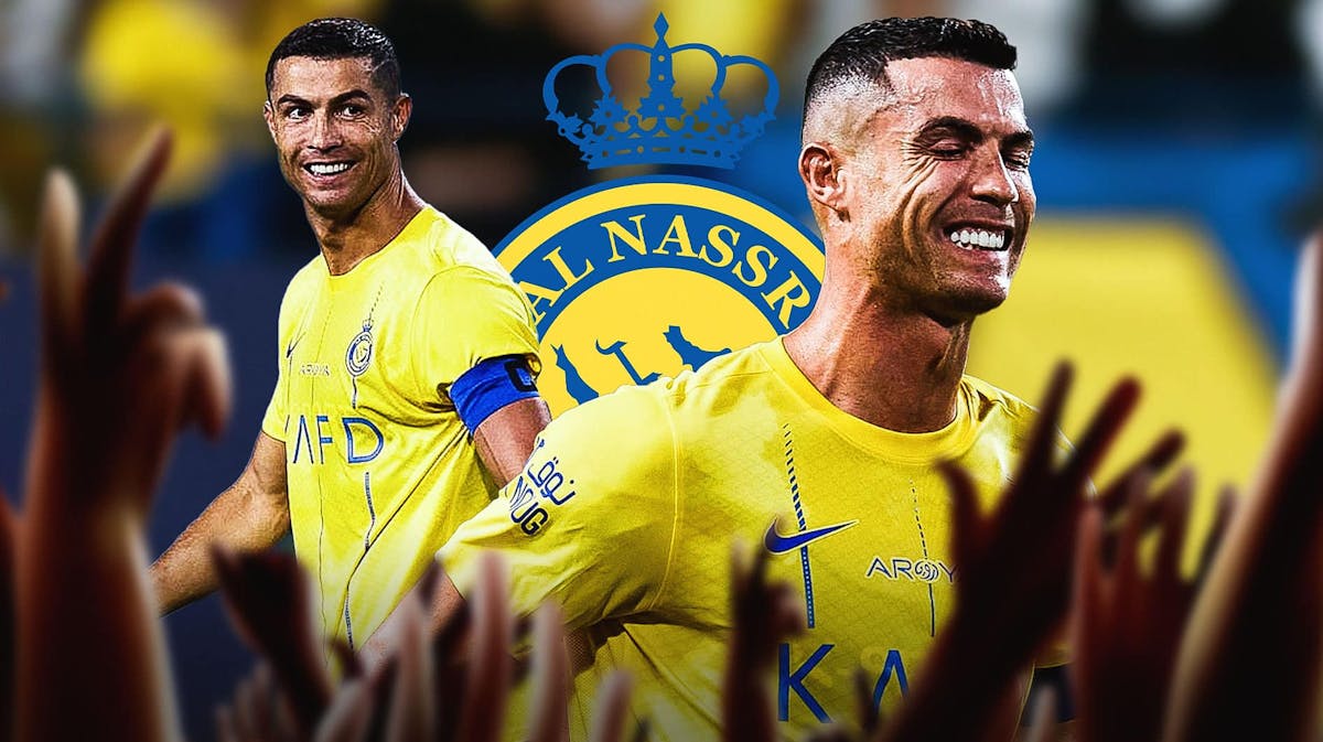 Multiple images of Cristiano Ronaldo smiling/celebrating in front of the Al-Nassr logo