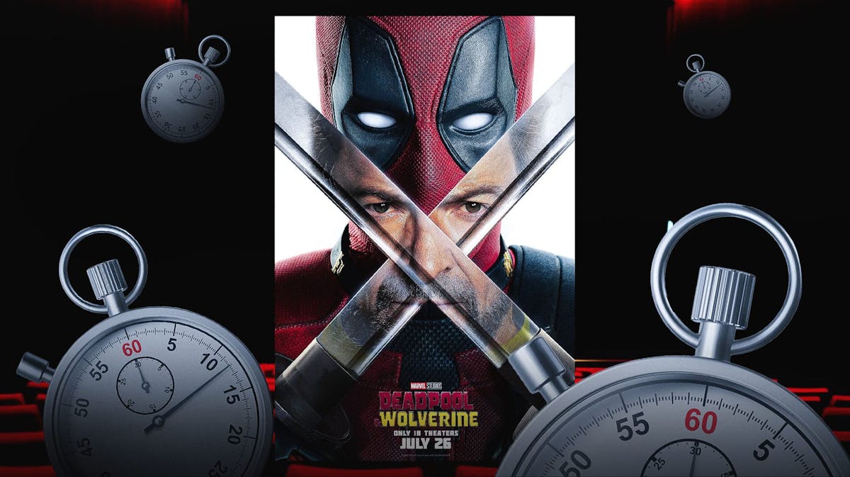 Deadpool and Wolverine poster with stopwatches and movie theater background.