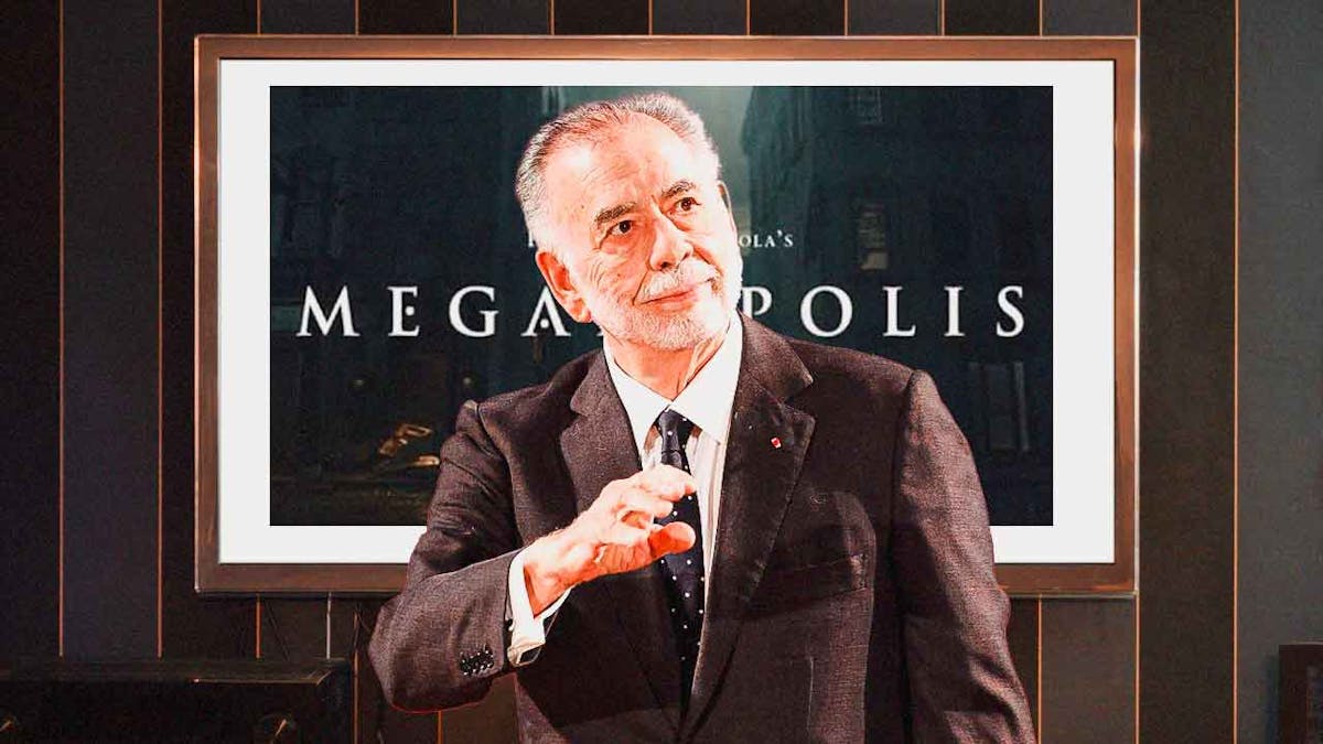 Francis Ford Coppola with a Megalopolis poster.