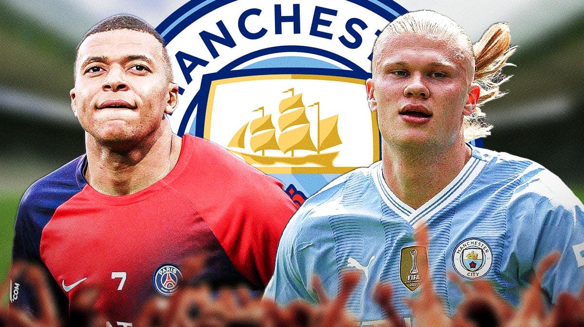 Erling Haaland and Kylian Mbappe in front of the Manchester City logo