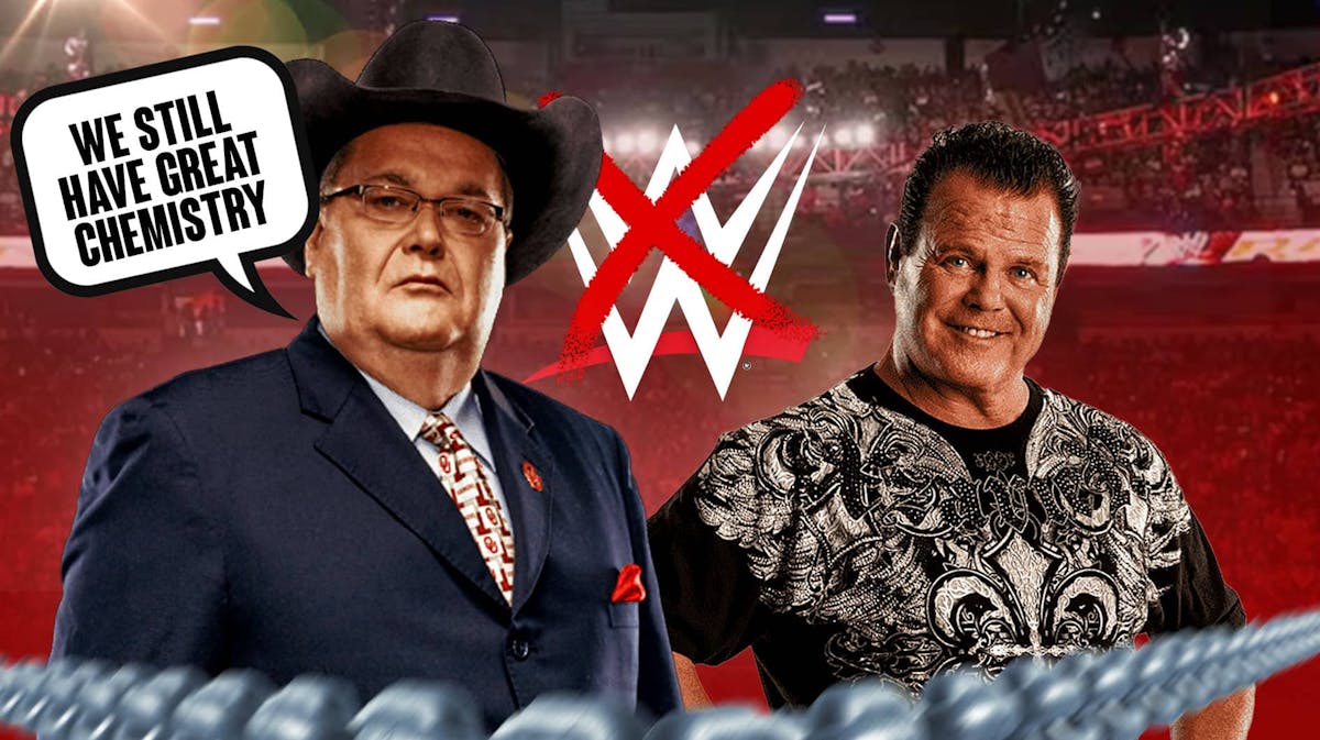 Jim Ross with a text bubble reading "We still have great chemistry" next to Jerry Lawler with a crossed out WWE logo as the background.
