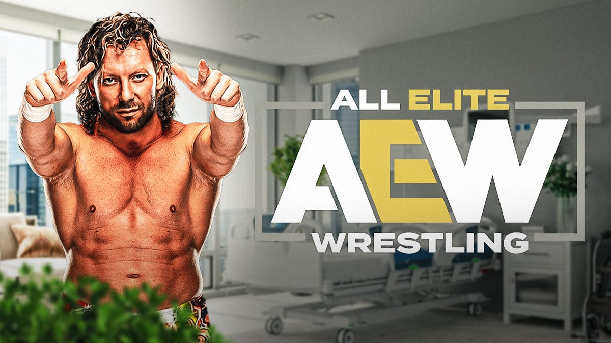 Kenny Omega in the hospital with the AEW logo in the background.