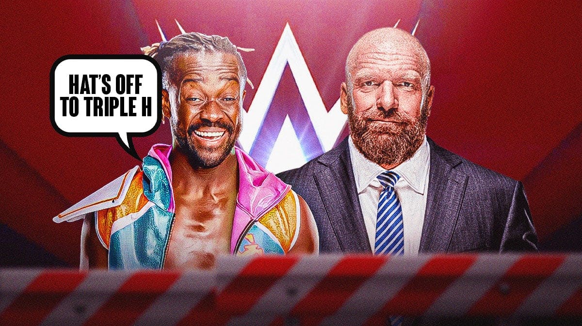 Kofi Kingston with a text bubble reading "Hat’s off to Triple H" next to Triple H with the WWE logo as the background.