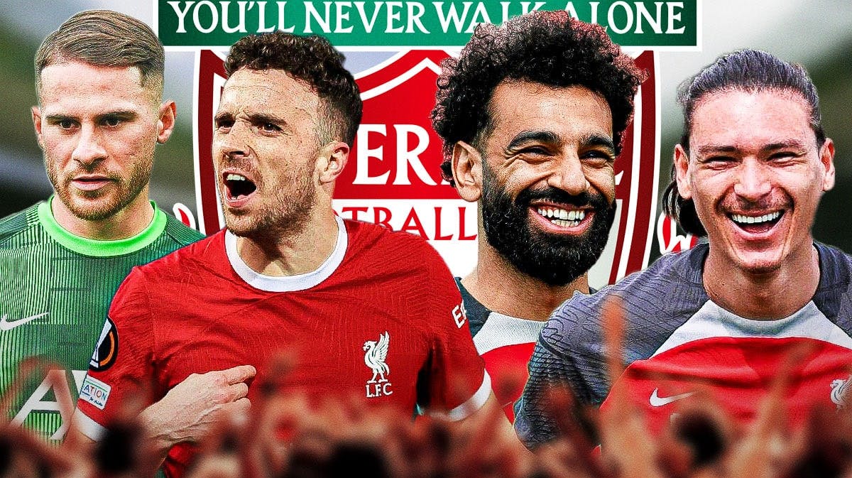 Mohamed Salah, Darwin Nunez, Alexis Mac Allister, Diogo Jota in front of the Liverpool logo