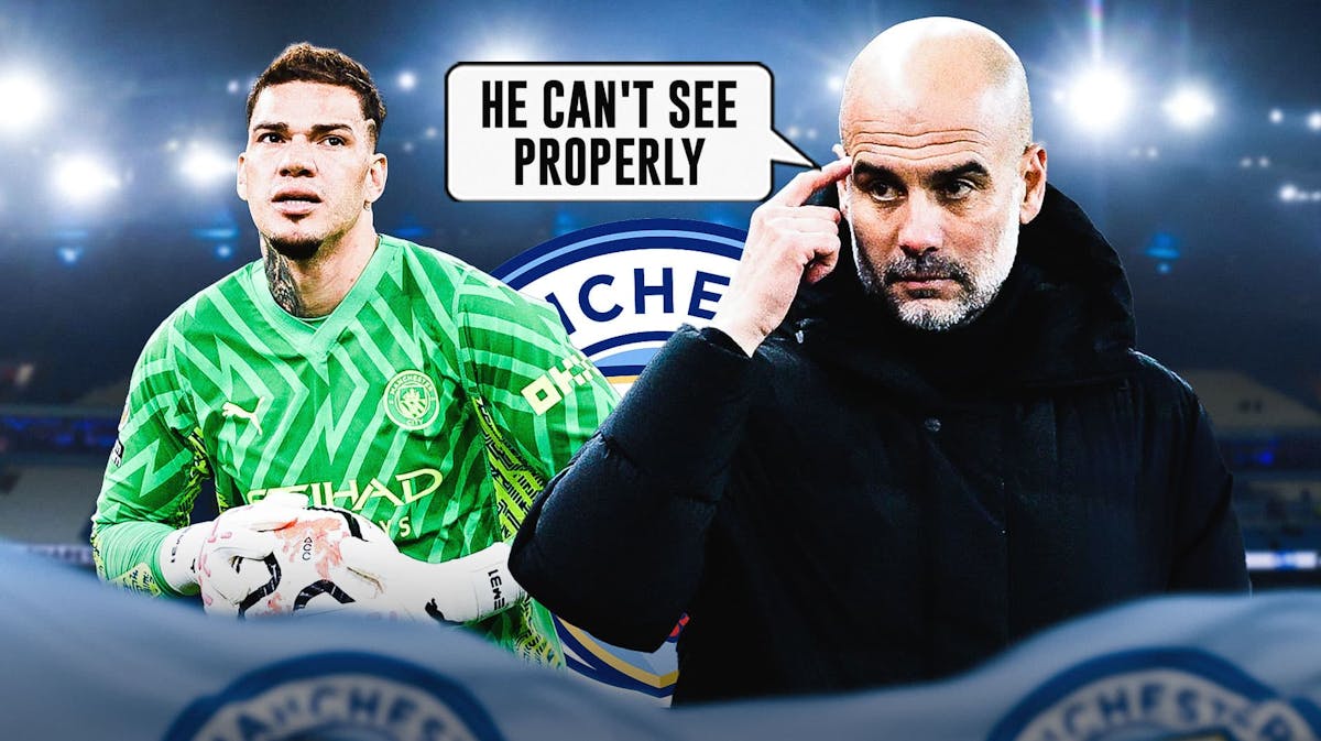 Pep Guardiola saying: 'He can't see properly' in front of the Manchester City logo, Ederson next to him