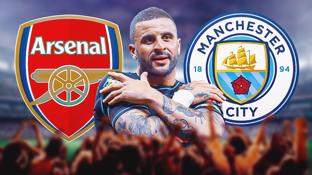 Kyle Walker laughing in front of fans, the Arsenal and Manchester City logos in the air