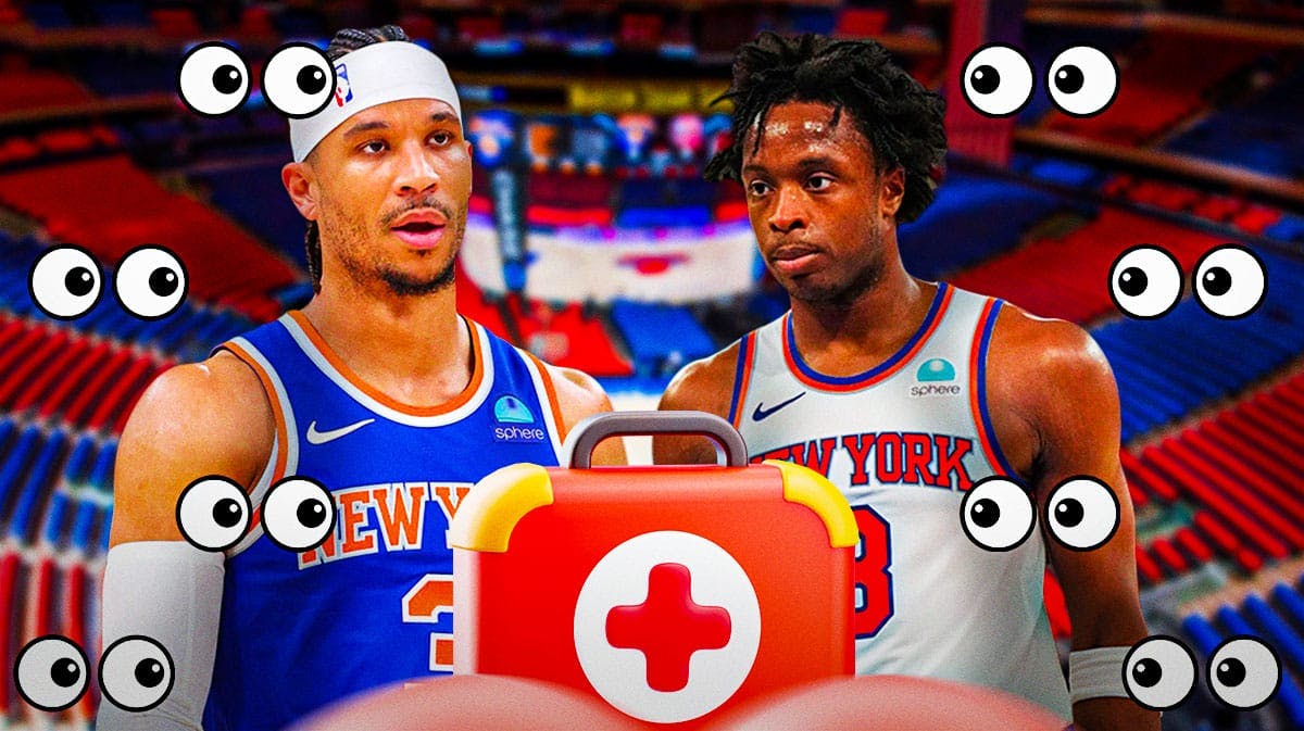 New York Knicks stars Josh Hart and OG Anunoby with an injury kit in front of Madison Square Garden.
