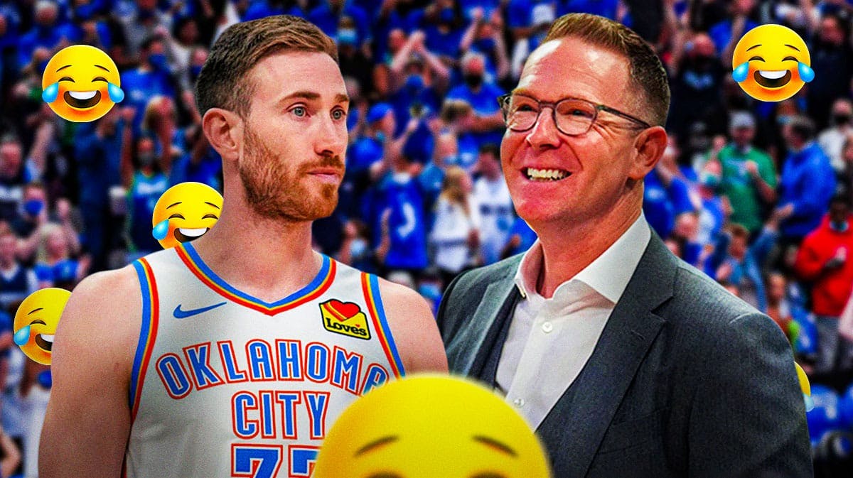 Sam Presti and Gordon Hayward on one side, a bunch of Mavericks fans on the other side with crying laughing emojis around them