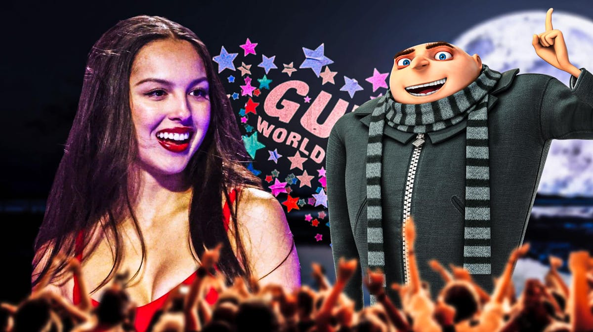 Olivia Rodrigo with Guts World Tour logo, Gru from Despicable Me and the moon in background.