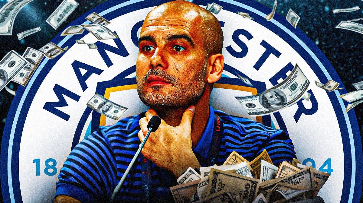 Pep Guardiola talking to the press in front of the Manchester City logo, money falling from the air around him
