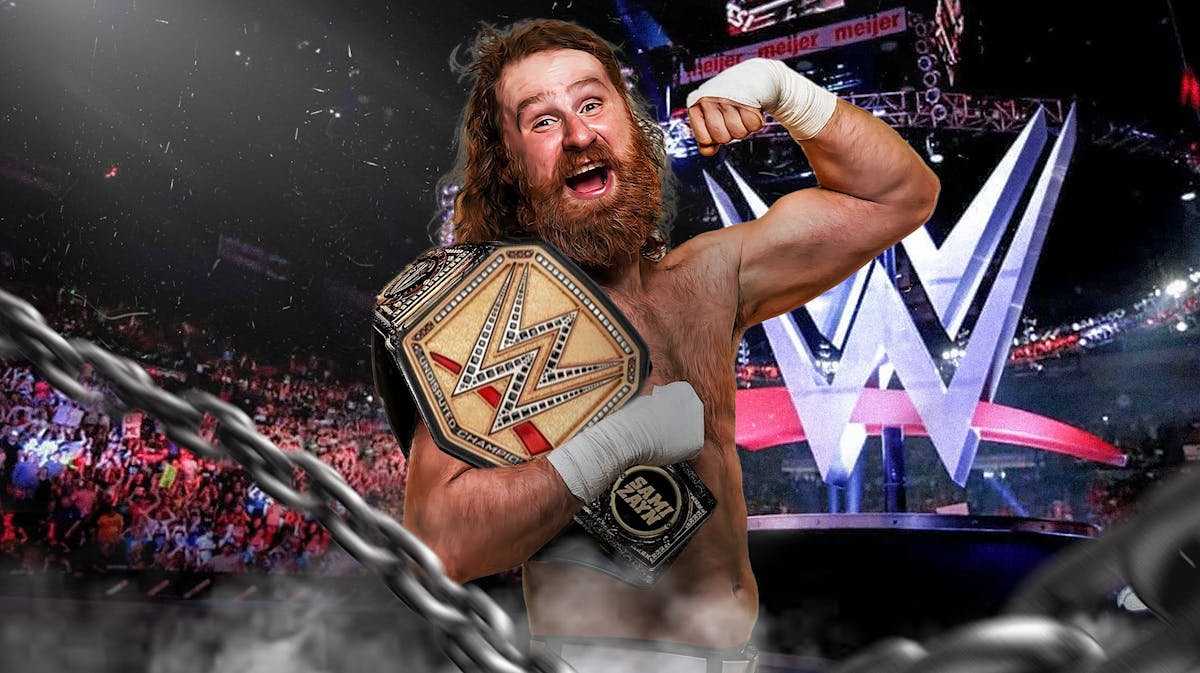 Sami Zayn holding the WWE Championship with the WWE logo as the background.