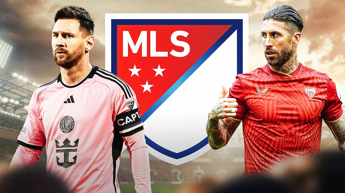 Sergio Ramos and Lionel Messi in front of the MLS logo