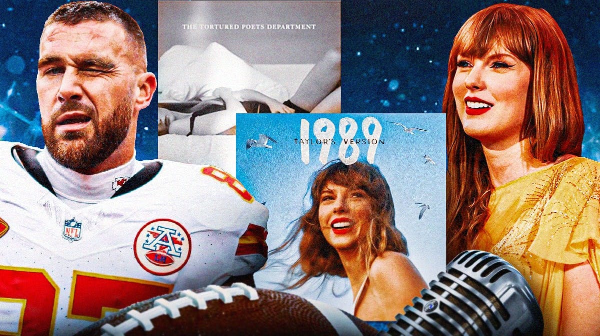 Kansas City Chiefs tight end Travis Kelce with Taylor Swift and Tortured Poets Department and 1989 (Taylor's Version) album covers.