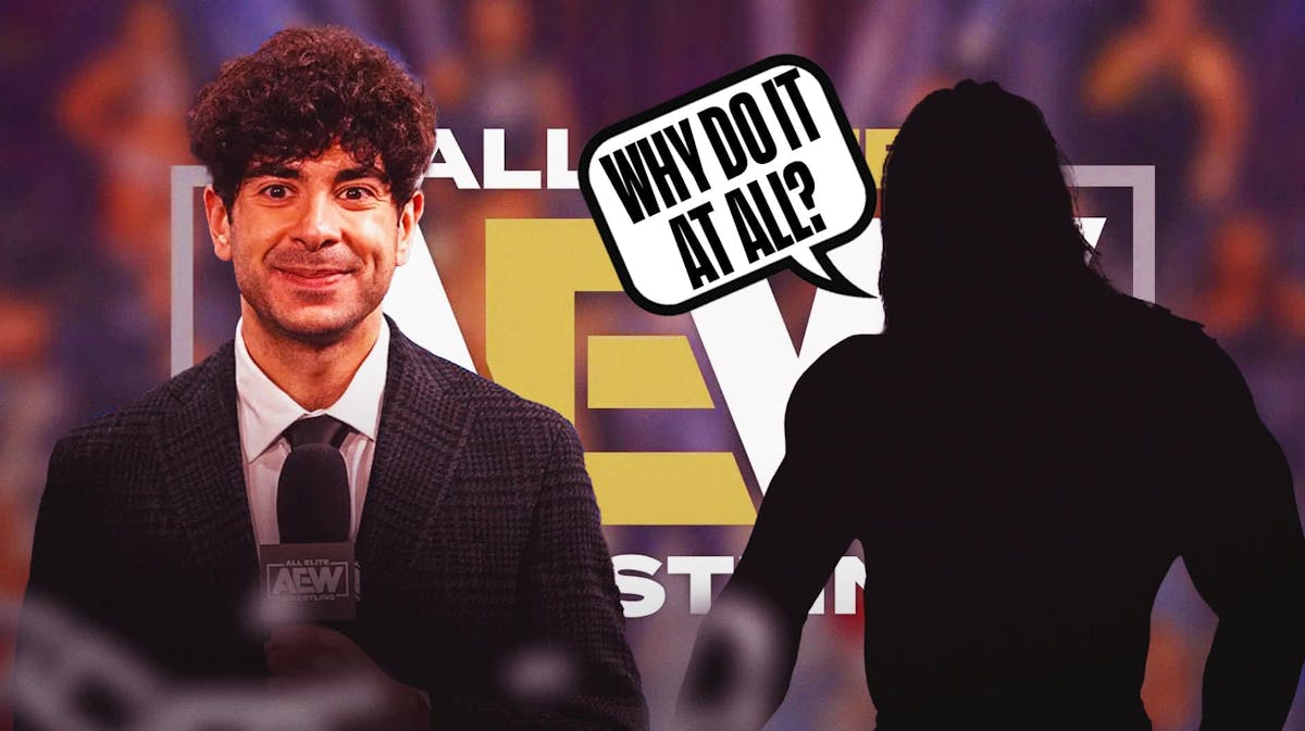 The blacked-out silhouette of Booker T with a text bubble reading "Why do it at all?" next to Tony Khan with the AEW logo as the background.