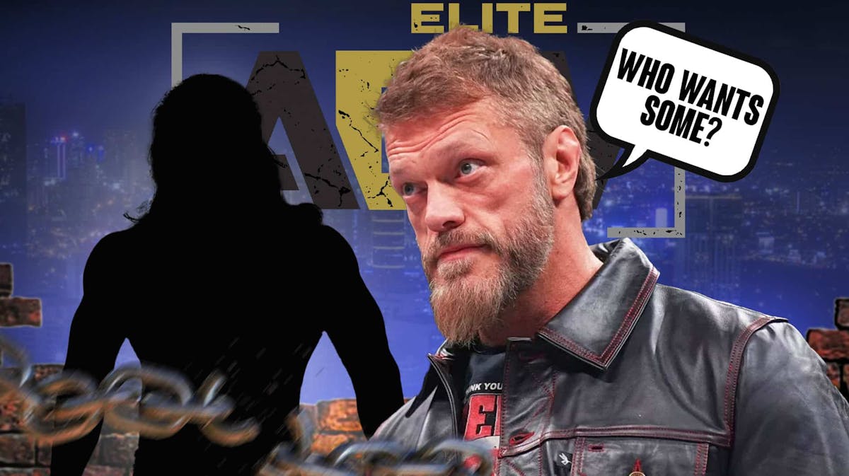 Adam Copeland with a text bubble reading "Who wants some?' next to the blacked-out silhouette of Cameron Grimes with the AEW logo as the background.