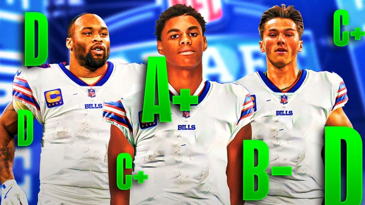 2024 NFL Draft picks Keon Coleman, Ray Davis, and Cole Bishop in Bills uniforms with grades (A+, B-, C+, D) scattered around them