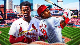 Cardinals Jordan Walker next to Jordan Walker swinging a bat