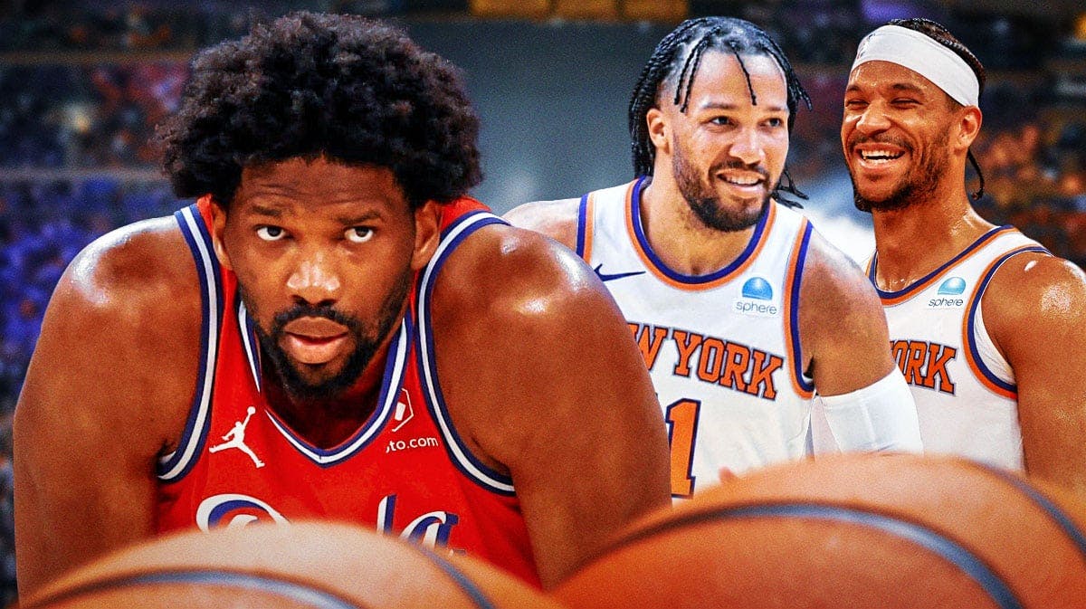 76ers Joel Embiid on the bench from game one or game two of playoff series vs. New York Knicks with Jalen Brunson and Josh Hart smiling or laughing.