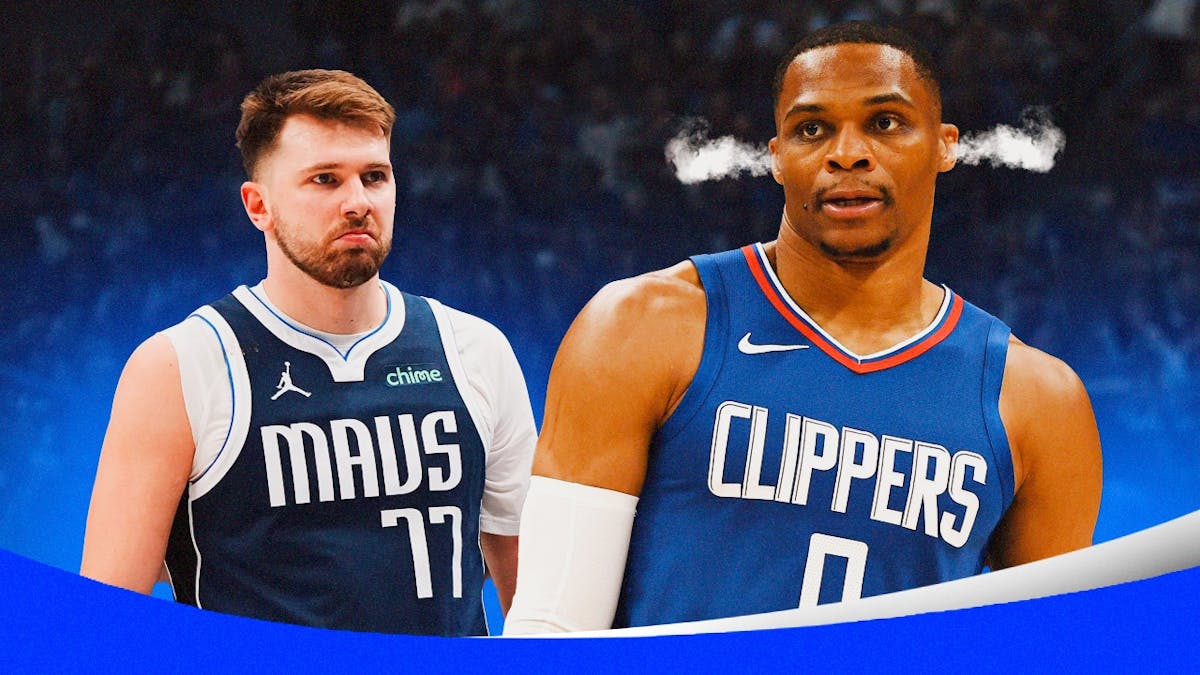 Mavericks' Luka Doncic with eyes popping out looking at Clippers' Russell Westbrook. Have Westbrook looking angry with smoke coming out of his ears.