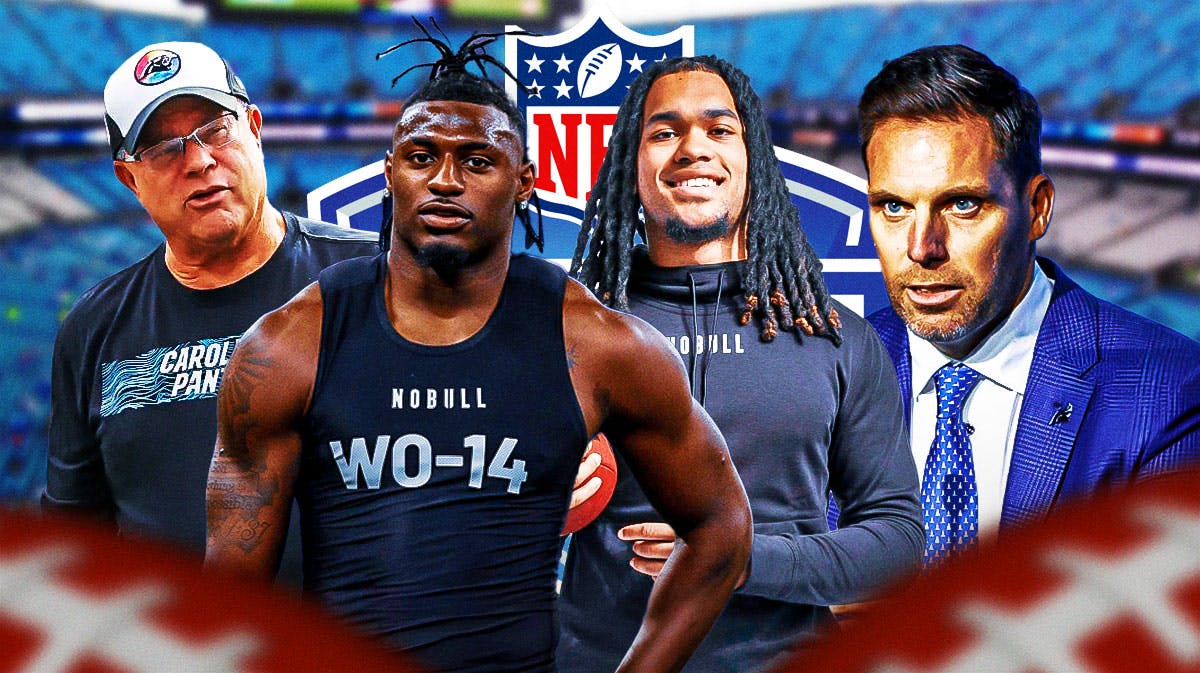 Carolina Panthers general manager Dan Morgan and owner David Tepper next to wide receiver Xavier Legette and running back Jonathon Brooks. There is also a logo for the 2024 NFL Draft.