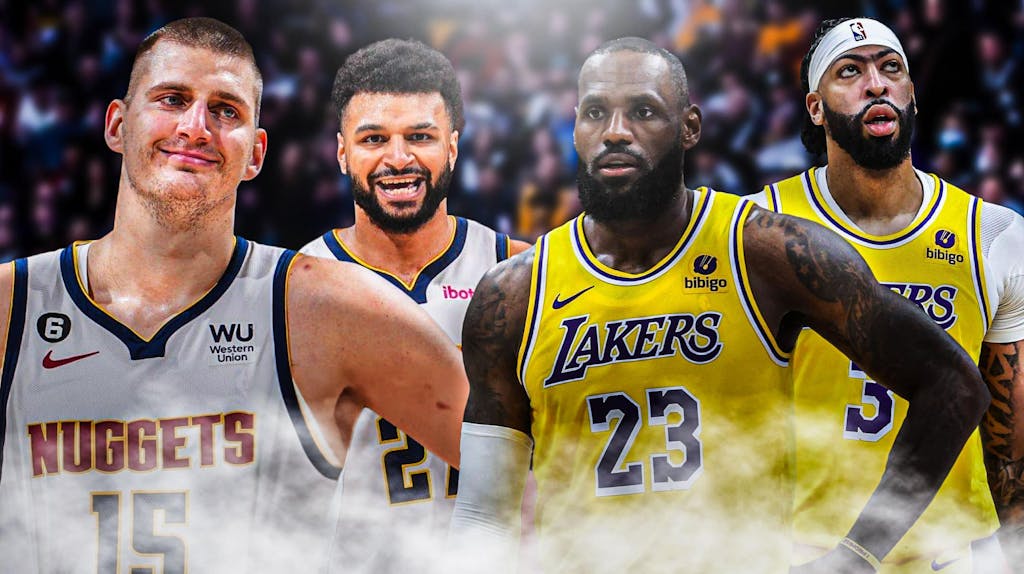 Nuggets' Nikola Jokic and Jamal Murray (smiling or looking happy) at an upset Lakers' LeBron James and Anthony Davis.