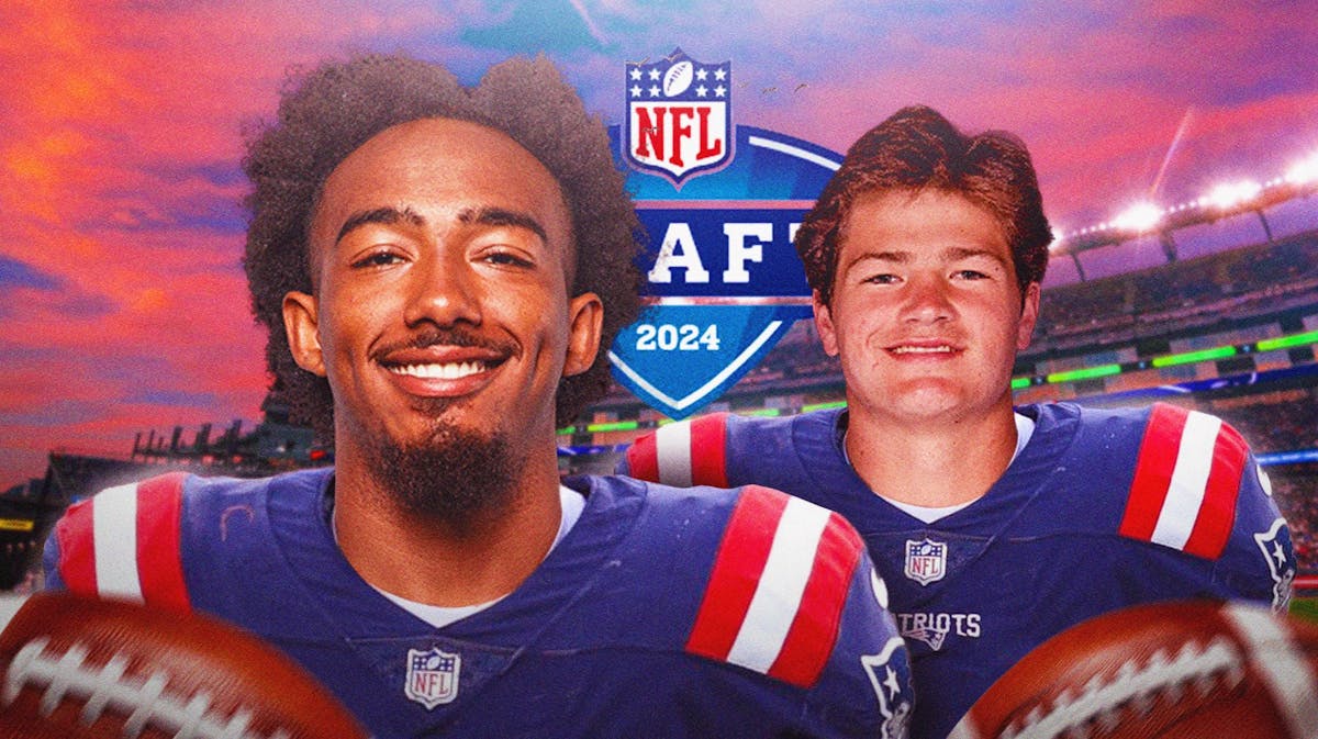 Photo: Ja'Lynn Polk in action in Patriots jersey, Drake Maye beside him smiling in Patriots jersey as well. Gillette Stadium, 2024 NFL Draft logo behind