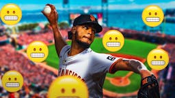 Camilo Doval with a bunch of the teeth clenched emojis in the background