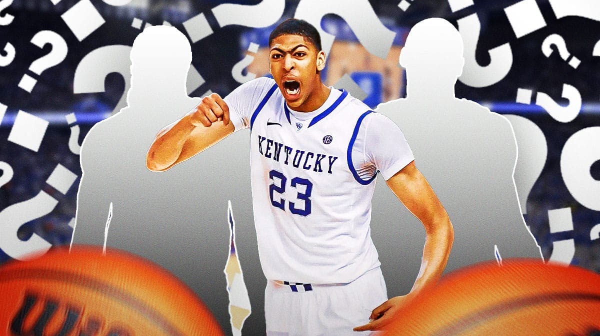 Anthony Davis in a Kentucky jersey with silhouettes on basketball players on both sides of him and a bunch of question marks in the background. Kentucky 2012 national title