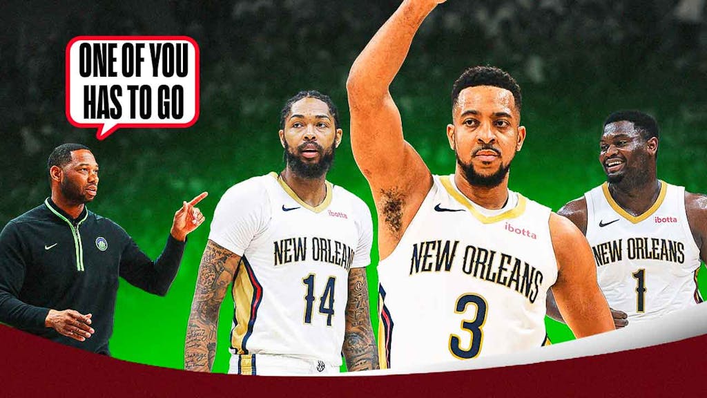 New Orleans head coach Willie Green pointing at Zion Williamson, Brandon Ingram, and CJ McCollum. Green has a text bubble saying "One of you has to go."