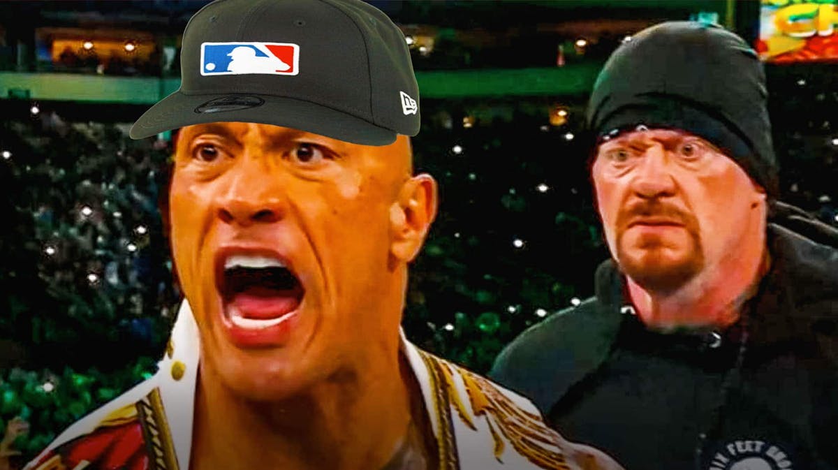 The Rock with cap that has MLB logo