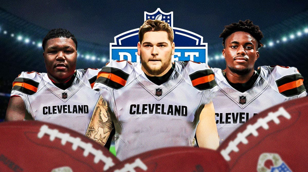 Photo: Michael Hall, Zak Zinter, Jamari Thrash all in Browns jerseys, 2024 NFL Draft logo in background