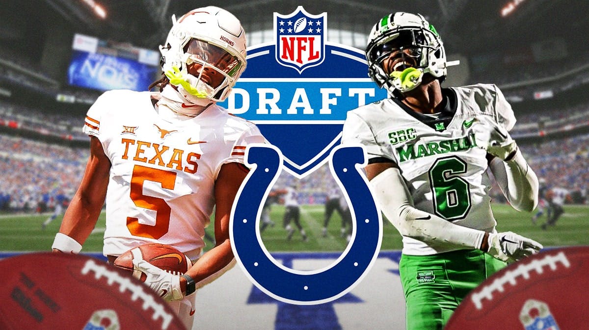 Colts logo in the middle with Adonai Mitchell (Texas) on one side and Micah Abraham (Marshall) on the other with a 2024 NFL Draft background.