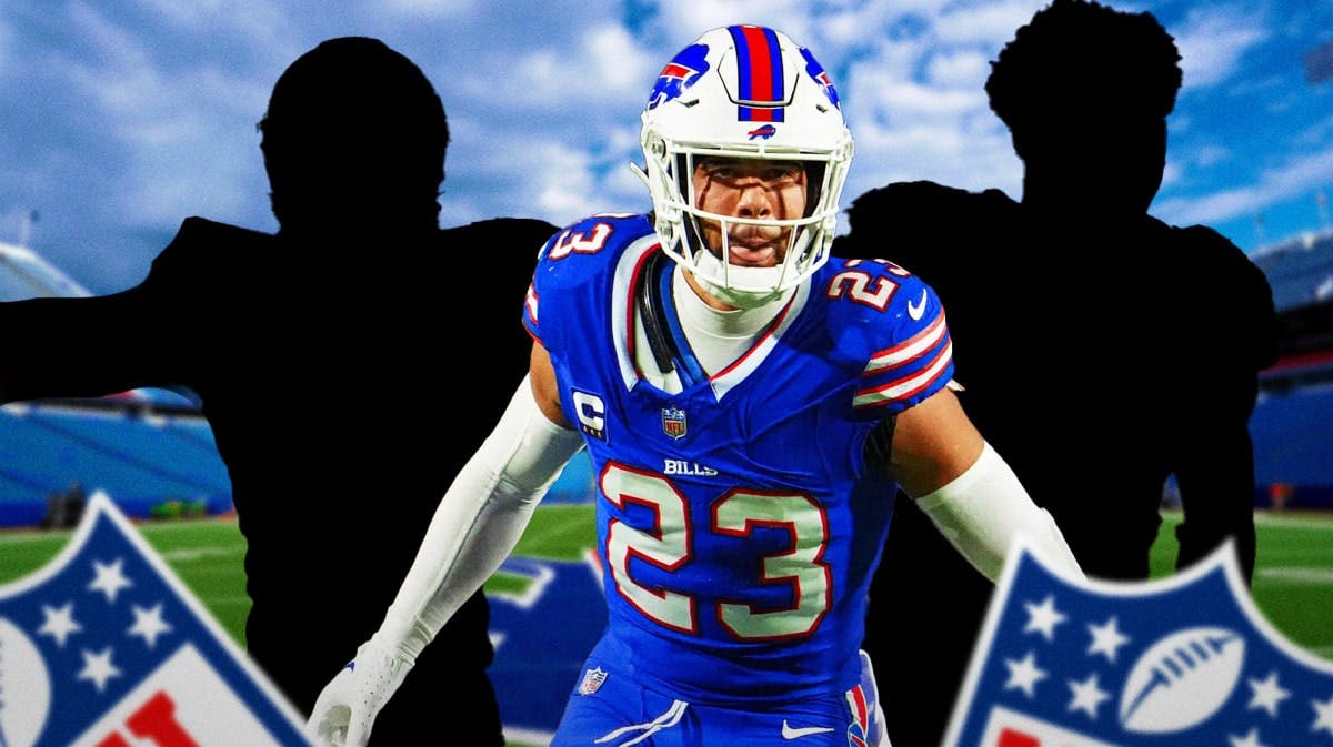 Micah Hyde (Bills) in the middle with a silhouette of Myjai Sanders on one side and a silhouette of Michael Thomas on the other with a Bills stadium background.