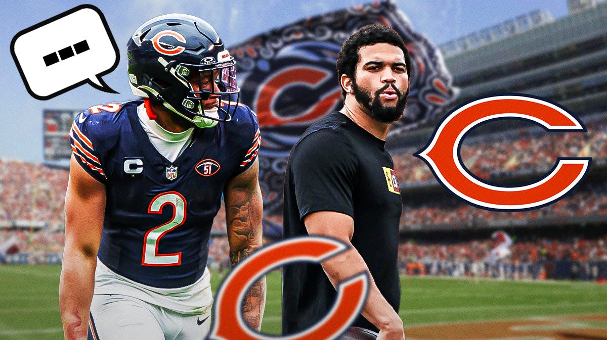 Chicago Bears wide receiver DJ Moore next to QB Caleb Williams. Moore has a speech bubble that has the three dots text message symbol for typing in it. They are next to a logo for the Chicago Bears.