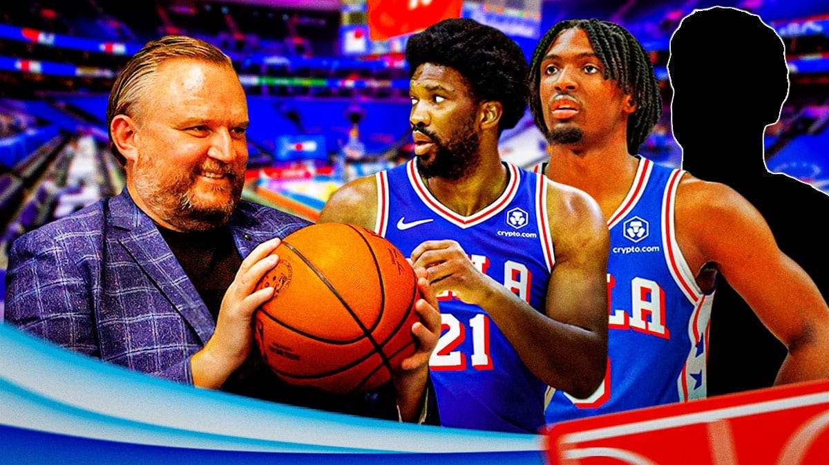 76ers' Daryl Morey next to Joel Embiid, Tyrese Maxey and a silhouette of a player
