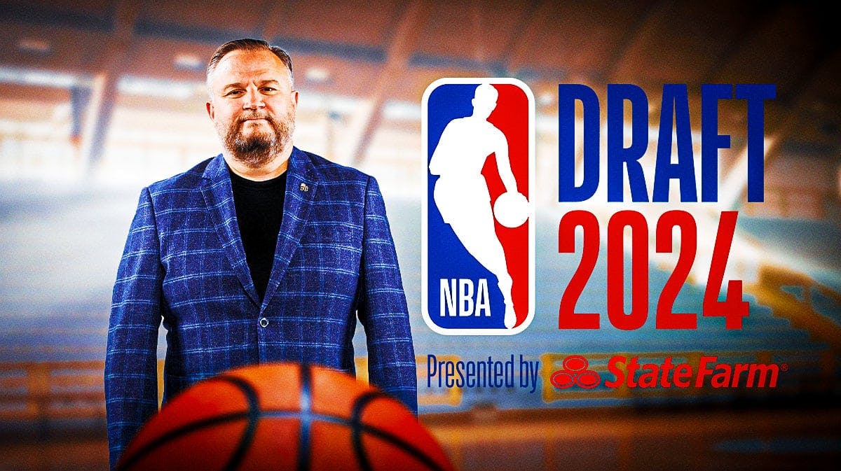 76ers' Daryl Morey next to the 2024 NBA Draft logo