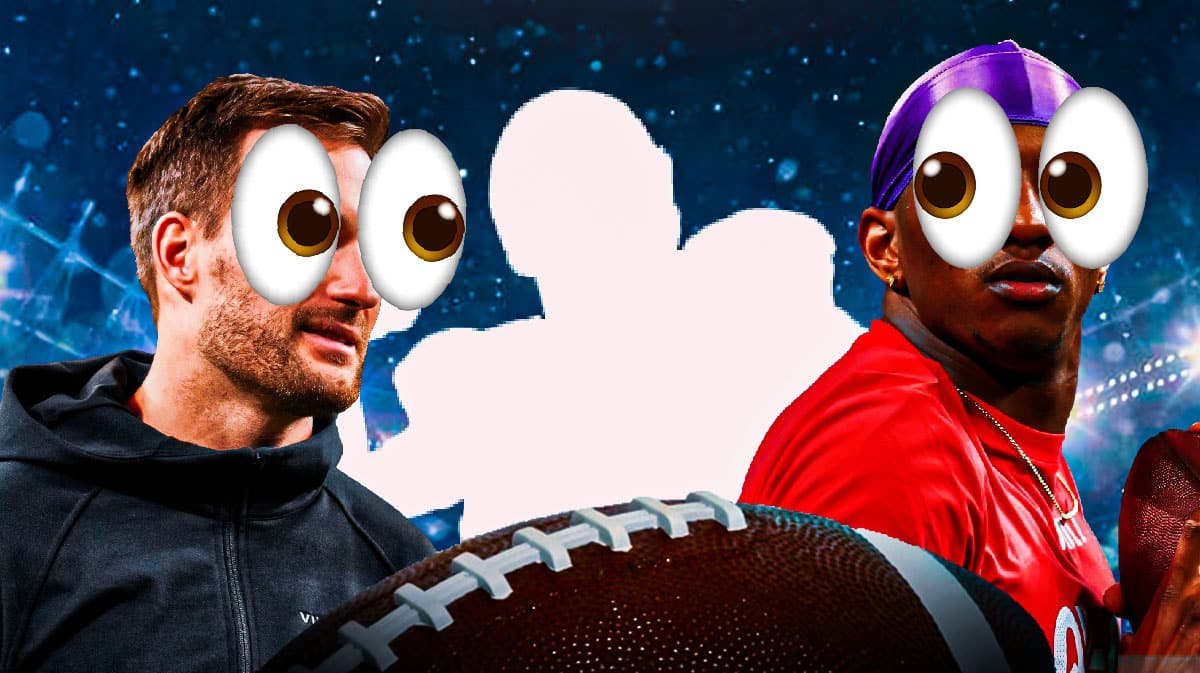 A silhouette of a quarterback on one side, Kirk Cousins and Michael Penix Jr. (both in Atlanta Falcons uniforms) on the other side with the big eyes emoji over their faces. Nathan Rourke