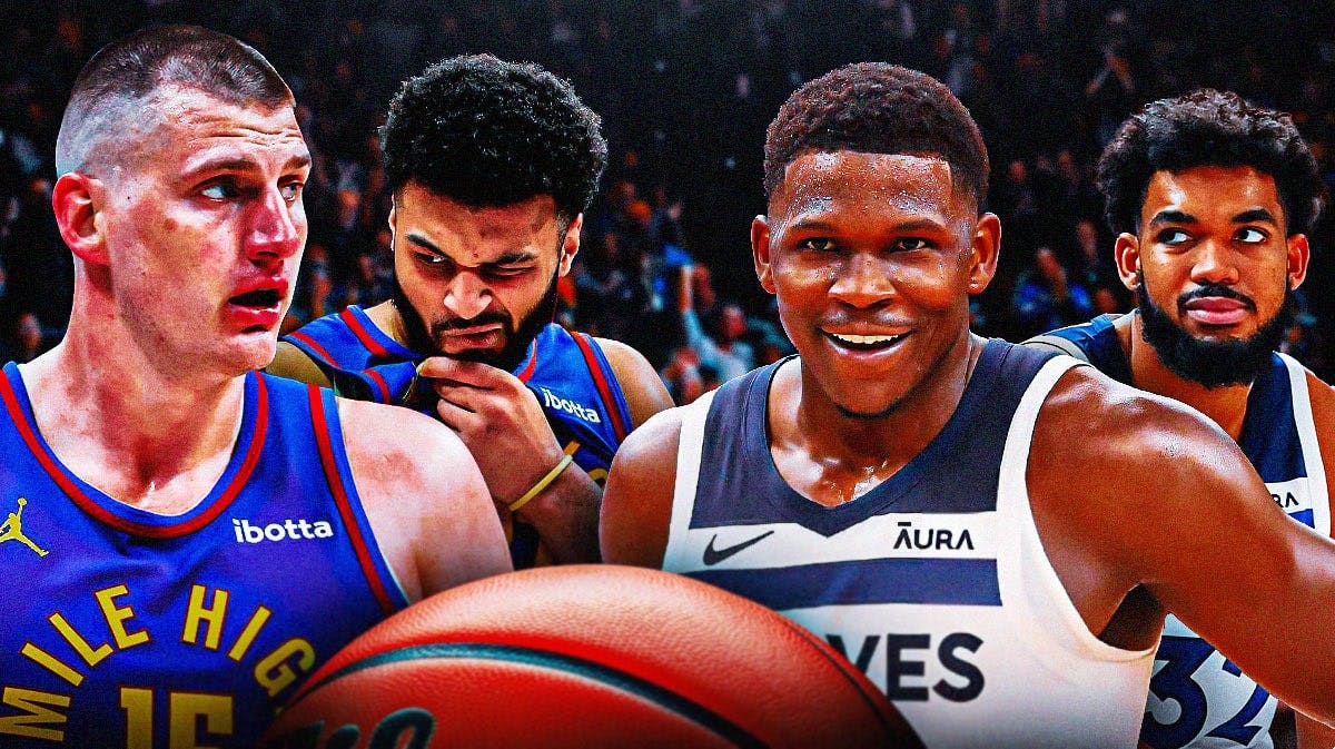 Nuggets Nikola Jokic and Jamal Murray looking sad/mad on one side and Timberwolves Anthony Edwards and Kal-Anthony Towns looking happy on the other.