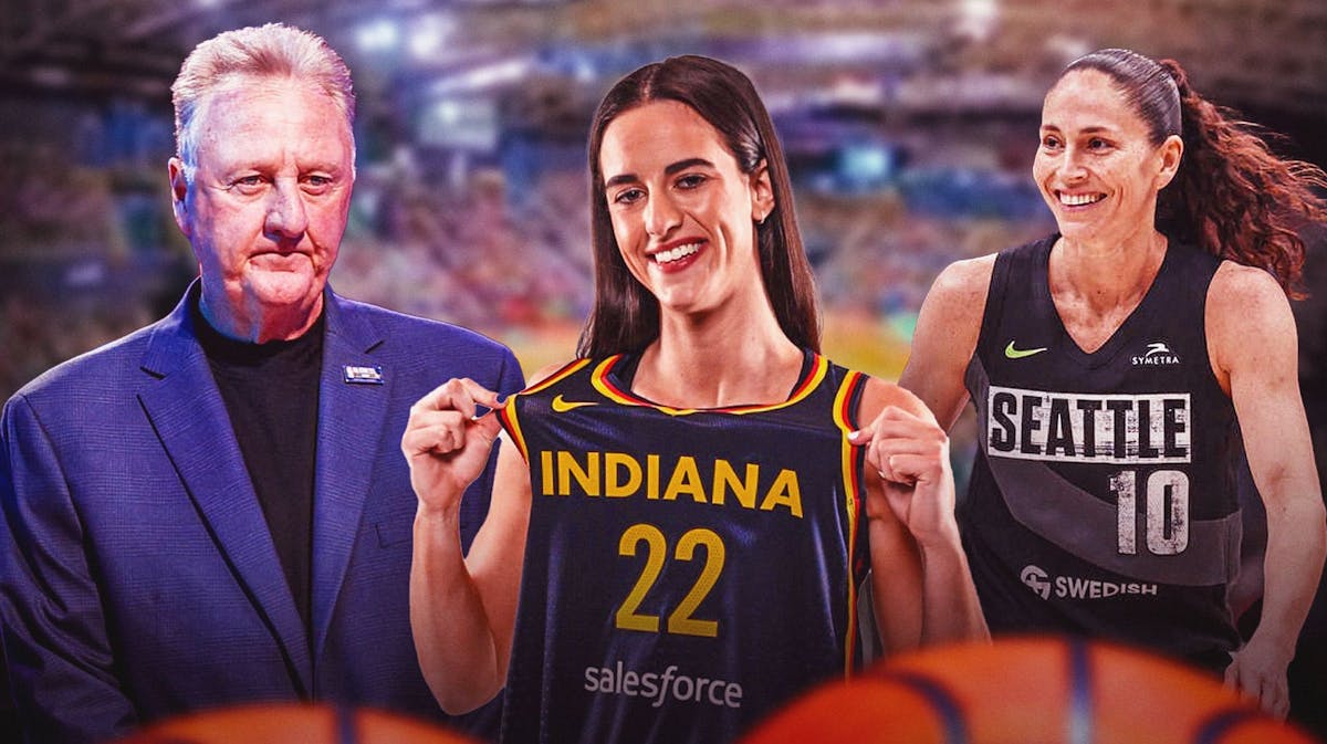 Indiana Fever player Caitlin Clark, former Boston Celtics, Indiana Pacers player Larry Bird and former Seattle Storm player Sue Bird