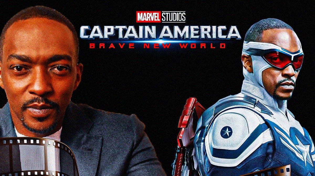Sam Wilson Captain America across from Anthony Mackie and Captain America Brave New World logo in the background