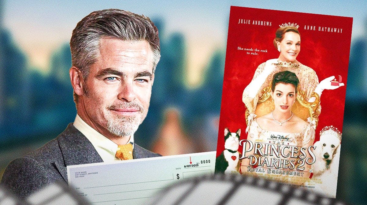 Chris Pine with cheque and The Princess Diaries 2 poster.